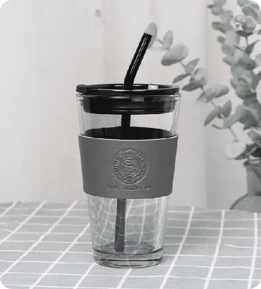 Amber Glass Tumbler with Lid & Straw