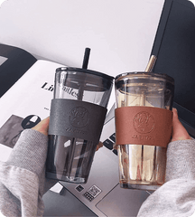 Amber Glass Tumbler with Lid & Straw