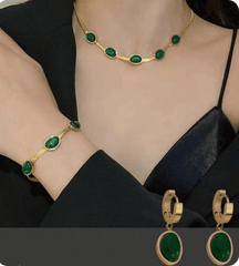 Green Crystal Pendant Necklace Set with Bracelet